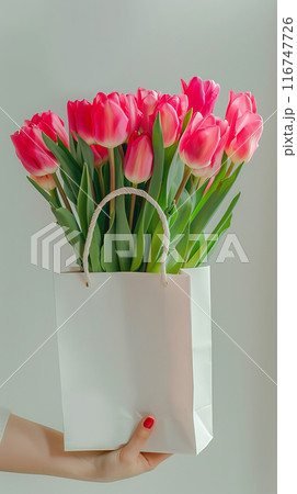 Pink tulips in white gift bag held by female hand, close-up. Festive floral concept 116747726