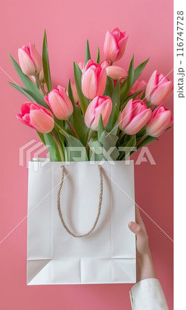 Bouquet of pink tulips in a white shopping bag on a pink background, closeup 116747728