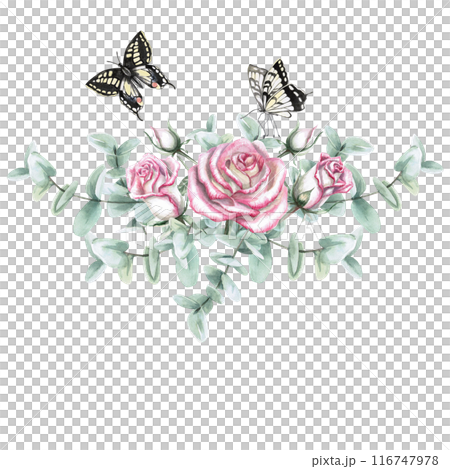 Bouquet with roses, eucalyptus leaves, and butterflies in watercolor. Hand-drawn illustration for greeting cards, weddings, memorials, clothing printing. Illustration isolated from background 116747978