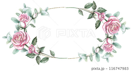 Oval frame of roses, buds, eucalyptus leaves in watercolor illustration. Hand drawn watercolor drawing for wedding invitations, place cards, memorable dates. Composition isolated from background 116747983