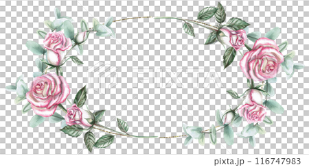 Oval frame of roses, buds, eucalyptus leaves in watercolor illustration. Hand drawn watercolor drawing for wedding invitations, place cards, memorable dates. Composition isolated from background 116747983