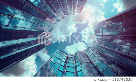 A city skyline with three tall buildings and a blue sky 116748020