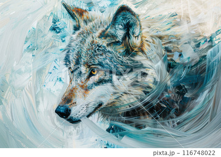 A wolf is painted in blue and gray with a yellow eye 116748022