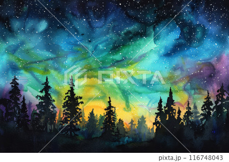 A painting of a forest with a sky full of stars A painting of a forest with a sky full of stars 116748043