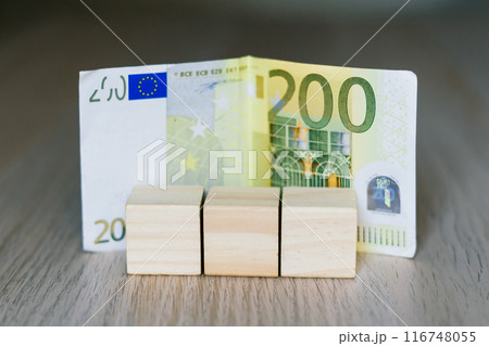 Wooden cubes blocks, money 200 Euro banknotes. Management big salary career concept. Wooden cubes blocks, money 200 Euro banknotes. Management big salary career concept. 116748055