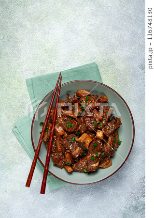 bulgogi, with mushrooms, with sesame seeds and green onions, Korean cuisine, homemade, no people, 116748130