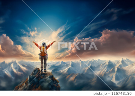 山頂で手を広げた登山者のイラスト 116748150