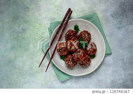 Tsukune, Japanese meatballs, minced chicken, fried on a skewer, with yakitori sauce, homemade, no people, 116748167
