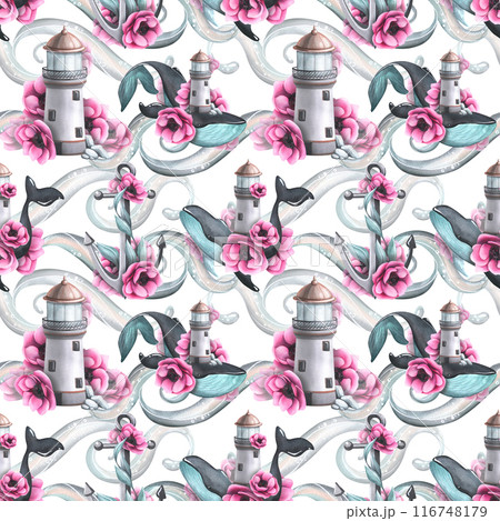 Sea lighthouse, whales and anchor with waves and pink anemone flowers. Hand drawn watercolor illustration. Seamless pattern on a white background. For fabric, textile, wallpaper, wrapping paper. 116748179
