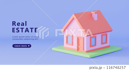 3d cute cartoon house with red roof on blue background. Real estate concept. Online service for home to buy or sale. Vector illustration of 3d render for web layout. 3d cute cartoon house with red roof on blue background. Real estate concept. Online service for home to buy or sale. Vector illustration of 3d render for web layout. 116748257
