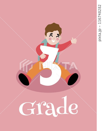 Back to school. Little Boy With Backpack Sitting And Holding On To Big Number three. Template for design. Funny cartoon characters. Vector illustration. Back to school. Little Boy With Backpack Sitting And Holding On To Big Number three. Template for design. Funny cartoon characters. Vector illustration. 116748282