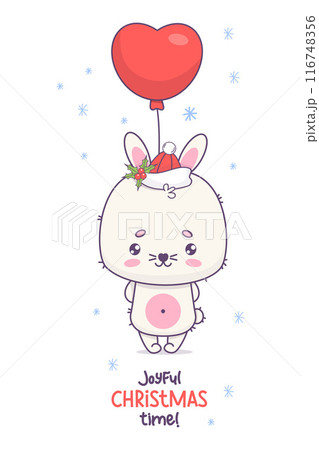 Christmas cute bunny in Santa hat with balloon and snowflakes. Funny cartoon kawaii animal character. Vector illustration. Festive card with slogan. Kids collection 116748356