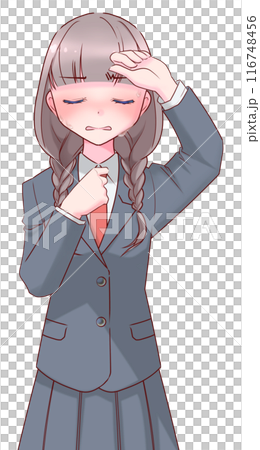 A hot high school girl in uniform holds her hand on her forehead 116748456
