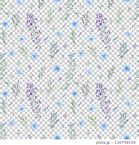 Meadow flowers and herbs. Seamless pattern of aromatic wildflowers. Blue and purple flower, green spikelet. Spring, summer greenery. Watercolor illustration. For wedding textile, wrapping, scrapbook 116748538