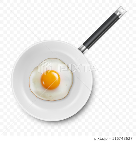 Vector 3d Realistic Fried Egg in the Frying Pan, Closeup Isolated in Top View. Design Template of Scrambled Eggs, Fried Egg, Omelette. Delicious Breakfast, Food, Culinary Concept 116748627