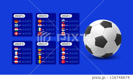 Football competition groups template. Vector template with countries and soccer ball 116748674