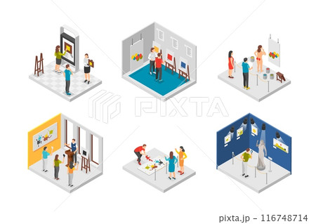 Isometric art exhibition. Creative flash mob, artists at work process in gallery. Digital museum exhibits, visitors and creators, flawless vector scenes Isometric art exhibition. Creative flash mob, artists at work process in gallery. Digital museum exhibits, visitors and creators, flawless vector scenes 116748714