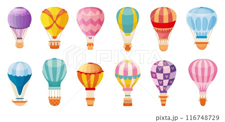 Cartoon hot air balloons. Travel balloon flying, adventure and sightseeing tourist transport with baskets. Vintage transportation neoteric vector set 116748729