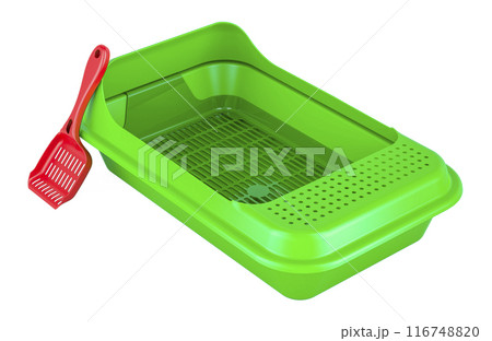 Green Cat Litter Tray with red litter scoop. 3D rendering 116748820