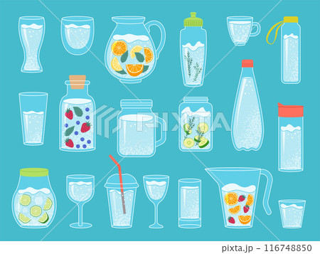 Water cup. Cans bottles with detox drinks decanter with liquids recent vector water 116748850