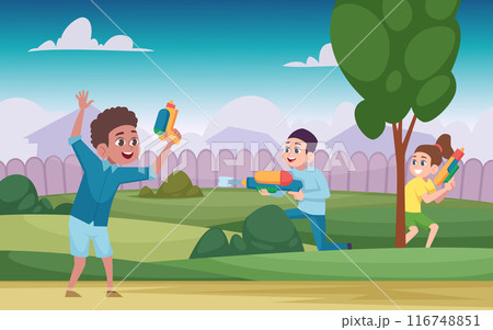 Water games. Kids summer attraction little funny people playing with water guns exact vector cartoon background 116748851