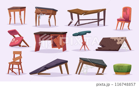 Broken chairs. Old damaged furniture sofas chairs tables wardrobe cupboards exact vector cartoon template 116748857