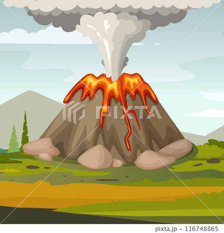 volcano. cartoon background illustration with active volcano explode lava volcano. cartoon background illustration with active volcano explode lava 116748865