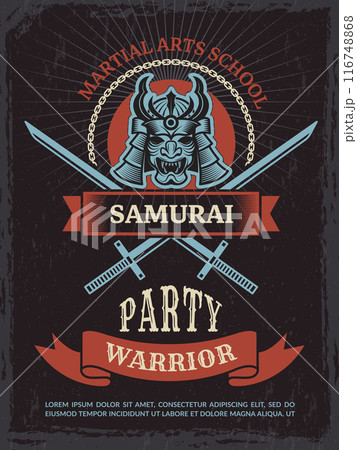 samurai mask. retro poster of martial art school with catana weapon and aggressive stylized asian warrior mask 116748868