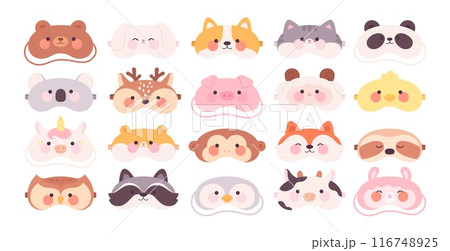 Animal dreaming masks. Children sleep mask, cartoon mascots. Travel night accessories. Bear pig unicorn panda fox faces, racy vector trip clipart 116748925