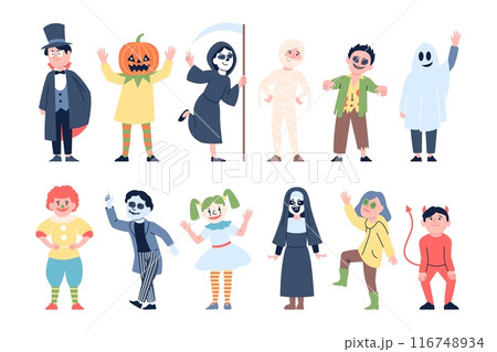 Halloween costumes kid. Children in different spooky outfits. Pumpkin vampire clown death nun. Festival party or carnival little recent vector characters Halloween costumes kid. Children in different spooky outfits. Pumpkin vampire clown death nun. Festival party or carnival little recent vector characters 116748934