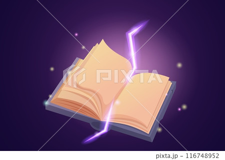 Open empty book and shining elements. Magic fairy tale diary, mystical witchcraft notebook. Fantasy and ancient knowledge, wizard vector background Open empty book and shining elements. Magic fairy tale diary, mystical witchcraft notebook. Fantasy and ancient knowledge, wizard vector background 116748952