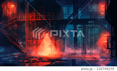 Radiant Industrial Cityscape Watercolor Nightscape with Reddish Lights, watercolor painting industrial cityscape night scene reddish lights urban landscape abstract background 116749259