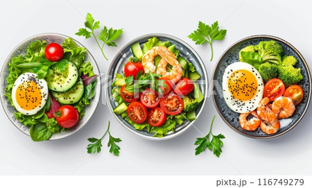 Rich plates of salad from green leaves mix and vegetables with avocado or eggs, generated AI 116749279