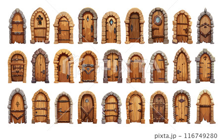 Medieval Arch Wooden Doors Cartoon Icon Set White Background Whimsical Illustrations Collection Historical Architecture Graphic Design Elements Medieval Castle Doors Set 116749280