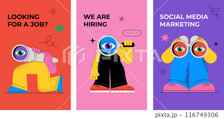 Funny characters holding binoculars, magnifying glass and spyglass telescope. Seo, searching 116749306