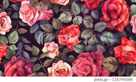 Blooming Rose Garden Watercolor Floral Pattern Background, watercolor roses flowers leaves floral blooming garden game botanical nature watercolor painting digital art 116749366
