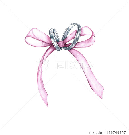 Silver wedding rings tied with a ribbon for a pillow. A separate illustration of a handmade watercolor painting. An element of the design of invitation and greeting wedding cards in watercolor style. 116749367