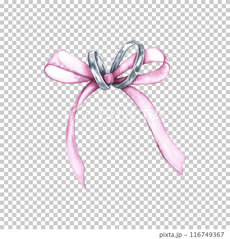 Silver wedding rings tied with a ribbon for a pillow. A separate illustration of a handmade watercolor painting. An element of the design of invitation and greeting wedding cards in watercolor style. 116749367