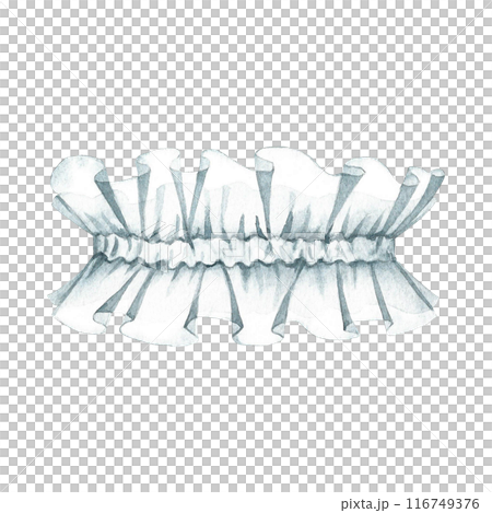 White wedding garter. An element of the bride's outfit. The lady logo. A separate watercolor illustration made by hand. An element of the design of postcards, banners, flyers and invitations. White wedding garter. An element of the bride's outfit. The lady logo. A separate watercolor illustration made by hand. An element of the design of postcards, banners, flyers and invitations. 116749376