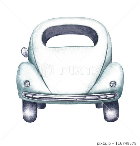 Vintage retro car in white, rear view. The watercolor illustrations are made by hand. Isolate it. For banners, flyers, posters. For prints, stickers, postcards. 116749379