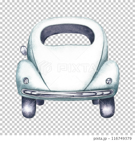 Vintage retro car in white, rear view. The watercolor illustrations are made by hand. Isolate it. For banners, flyers, posters. For prints, stickers, postcards. 116749379