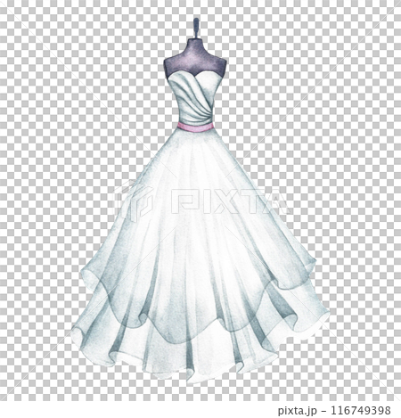 A white wedding dress. fashionable outfit for the bride, evening dresses. The lady's logo. A separate watercolor illustration made by hand. A design element for cards, banners, flyers and invitations. 116749398