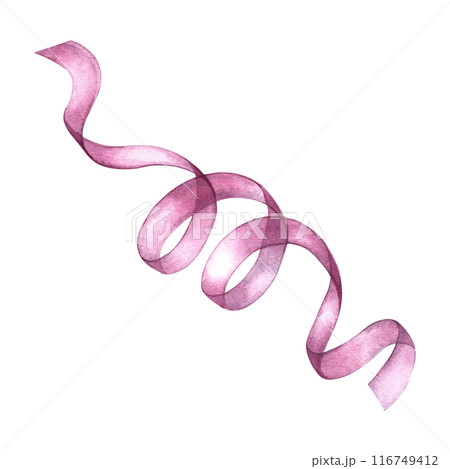 The ribbon is pink. Curly textile ribbon. An isolate of a watercolor illustration made by hand. An element of the design of invitation and greeting wedding cards in watercolor style. 116749412