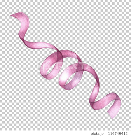The ribbon is pink. Curly textile ribbon. An isolate of a watercolor illustration made by hand. An element of the design of invitation and greeting wedding cards in watercolor style. 116749412