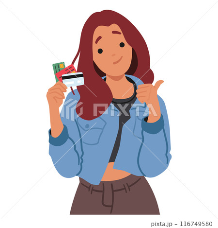 Young Woman Holding Credit Cards And Giving A Thumbs Up. Vector Image Conveys A Sense Of Confidence And Approval 116749580