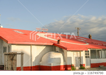 the house is painted red and white and the Turkish flag is painted on the house 1 116749790