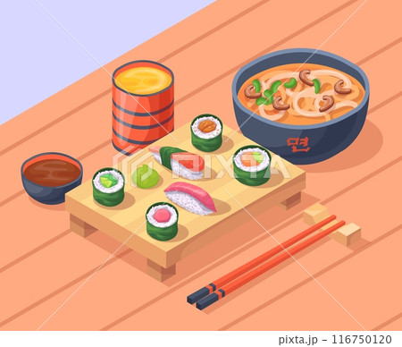 Isometric japanese dinner. Japanese cookery lunch serving, rice or noodles plate sushi roll sashimi salmon fish japan food seafood delivery menu, cartoon neat vector illustration 116750120