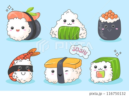 Sushi rolls kawaii characters. Smiling sushis cute funny mascot, seafood roll with rice salmon seaweed sauce smile asian food face comic doodle character, neat vector illustration Sushi rolls kawaii characters. Smiling sushis cute funny mascot, seafood roll with rice salmon seaweed sauce smile asian food face comic doodle character, neat vector illustration 116750132