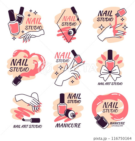 Manicure nails logo. Fingernail care studio or cosmetic salon trendy label logotype art, nail polish female hands fingernails master glamour emblem, set swanky vector illustration 116750164