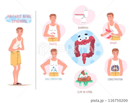 Ibs symptoms. Irritable bowel syndrome infographic, stomach digestive disease symptom diarrhea constipation infection chronic intestinal disorder, health classy vector illustration 116750200
